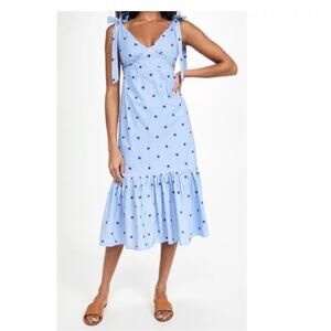 Rahi Polka Shirley Dress NEW Size small Blue Ruffled Tiered Midi Sundress